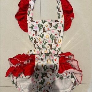 Ruffled Cactus & Cowboy Baby Romper - Red Accents